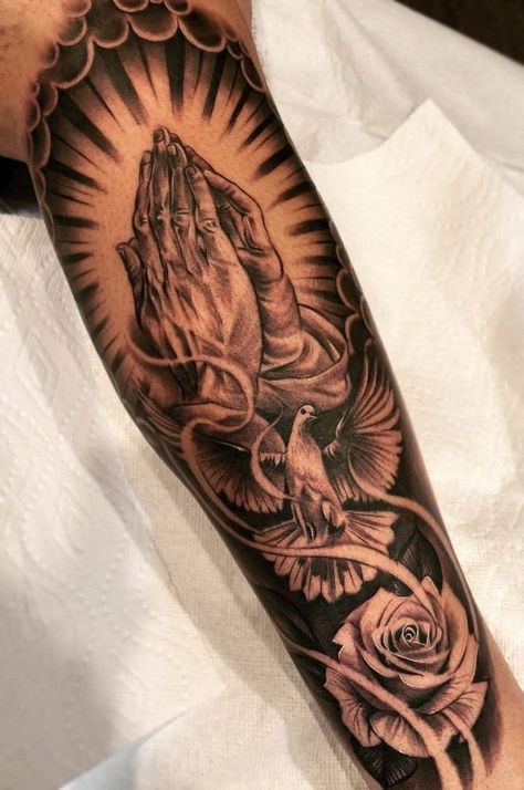 Religous Tattoo, Praying Hands Tattoo, Tattoo Graffiti, Graffiti Tattoo, Tattoo Magazine, Men Tattoos Arm Sleeve, Forarm Tattoos, Forearm Sleeve Tattoos, Cool Forearm Tattoos