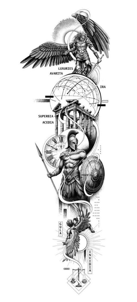 Roman Gods Tattoo Design, Greek God Geometric Tattoo, Men’s Greek Mythology Tattoos, Sleeve Tattoos For Guys Greek Mythology, God Theme Tattoo, Greek Mythology Animals Tattoos, Scales Of Justice Tattoo Design, Family Tribute Tattoos, Rome Tattoo Men Arm