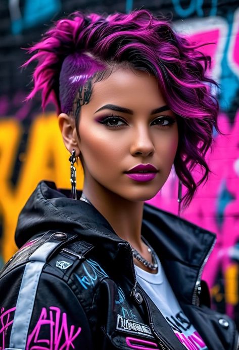 Purple Hair Color Ideas For Short Hair, Short Purple Hair Pixie, Pixie Hair Color Ideas Funky Hairstyles, Short Edgy Hairstyles, Pixie With Undercut, Punk Haircut, Short Punk Hair, Half Shaved Hair, Edgy Short Hair