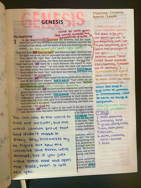 Bible Journaling Good Bible Notes, Genesis 1:3 Bible Journaling, How To Journal Bible, Book Of Genesis Bible Study Notes, Bible Study Aesthetic Genesis, Bible Study Notes Kjv, Bible Notes For Genesis, Bible Notes On Genesis, Bible Annotations Genesis