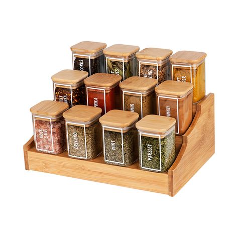 Wooden Spice Rack, Spice Jar Labels, Bamboo Shelf, Glass Spice Jars, House Essentials, Spice Labels, Kitchen Organisation, Spice Storage, Spice Jar