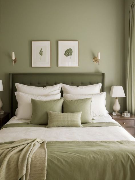 Kichen Design, Modern Teen Boy Bedroom, Olive Green Bedrooms, Green Accent Walls, Cream Bedding, Sophisticated Bedroom, White Headboard, Shared Bedroom, Bedroom Deco