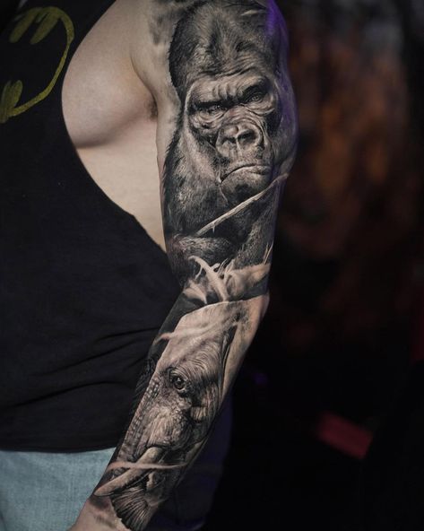 Gorilla & Elephant sleeve by Yomico Moreno, an artist based in Brooklyn, New York. Elephant Sleeve, Outer Bicep Tattoos, Tattoo Placement Arm, Side Arm Tattoos, Animal Sleeve Tattoo, Simple Arm Tattoos, Back Of Arm Tattoo, Gorilla Tattoo, Geometric Tattoo Arm