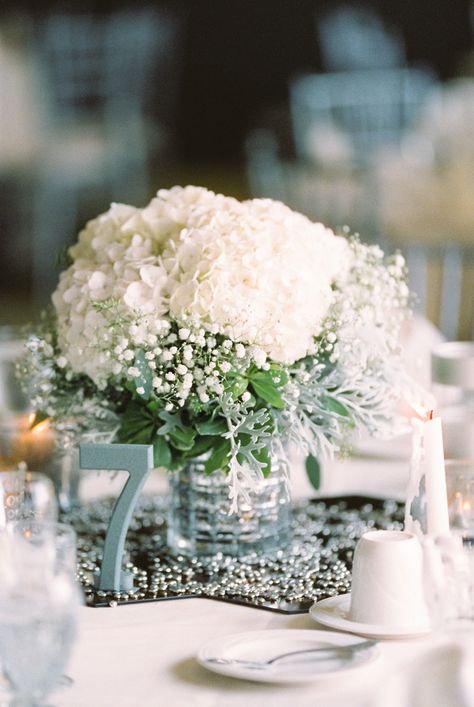 Hydrangea Centerpiece Diy, White Hydrangea Centerpiece, Hydrangea Centerpiece Wedding, White Hydrangea Centerpieces, Pastel Wedding Flowers, Hydrangea Centerpiece, Hydrangeas Wedding, Babies Breath, White Hydrangea