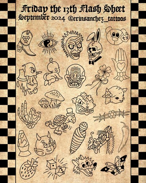 THEY’RE HEEERREEE!! • My Friday the 13th flash will be available on….Friday the 13th ✨shocker✨ Event Details: 💥FIRST COME FIRST SERVE 💥 Time: 2pm-8pm 💥Depending on the wait we will stop taking names by 6/7ish! 💥ZERO changes/modifications or exclusions (ex: removing the 13to any designs) 💥Arms & Legs ONLY • • • If you have any questions, DM me and I will get back to you 😊 • • • • • • • • #fridaythe13th #fridaythe13thtattoo #flashevent #flashart #tattooflashart #tattooflashsheet #tradflash #tr... Friday 13th Flash Sheet, Friday 13th Tattoo Flash, House Of 1000 Corpses Tattoo, Krampus Tattoo, Friday 13 Tattoo, Halloween Flash Sheet, Friday The 13th Tattoo Flash, Friday The 13th Flash, Friday The 13th Tattoo