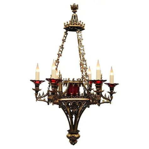 Neo-Gothic Bronze Chandelier, France, circa 1860 Gothic Revival Furniture, Chandelier Gothic, Gothic Chandelier, Gothic Arches, Parisian Hotel, Medieval Buildings, Golden Highlights, Red Cups, Bronze Chandelier