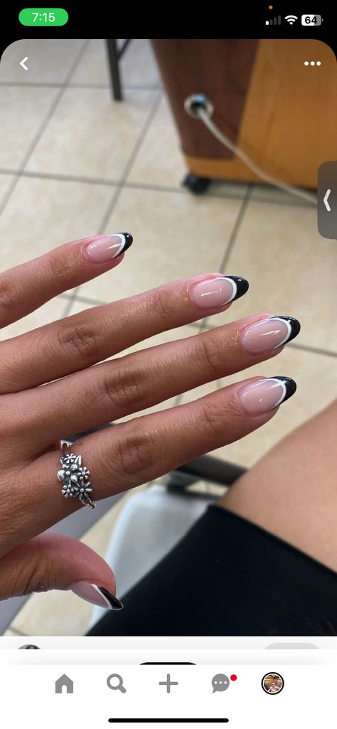 Black Nails With Silver Lines, Cute Nails To Go With A Black Dress, Black Nails With White French Tip, Black And Pink French Tip Nails, French Tip Toes, Short French Tip Nails, Hoco Nails, Black French Tips, White French Tip