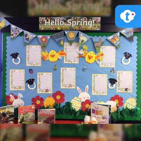 How lovely is this Spring display that Kate has done with her class? We especially love the bunting, spring chicks and hidden animals and eggs! If you’re looking at doing a seasonal display for your classroom, take a look at the Twinkl website for all of your display needs. #spring #springdisplay #seasonaldisplay #easterdisplay #schooldisplay #classroomdisplay #Twinkl #classroomdisplayideas #twinklresources Spring Display Board, Spring Eyfs, Display Board Ideas, Spring Displays, Spring Display, Nursery Crafts, Eyfs Activities, School Displays, Tuff Tray