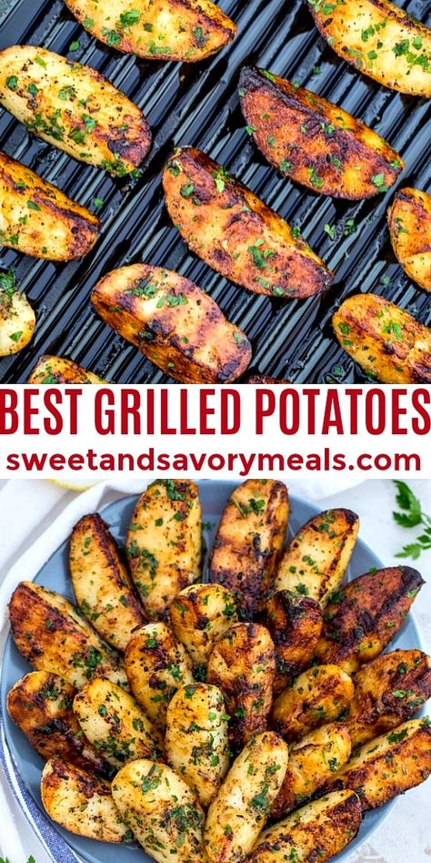 Grilled Vegetables For A Crowd, Grilling Lunch Ideas, Potato Bbq Sides, Best Bbq Potatoes, Russet Potatoes On The Grill, Best Grilled Potatoes, Easy Grill Food, Blackstone Grill Potato Recipes, Grilled Supper Ideas