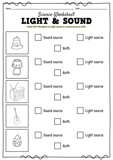 Light and Sound Science Worksheet First Grade Year 1 Science Worksheets, First Grade Worksheets Science, First Grade Science Activities, Worksheets For Grade 1 Science, Grade One Science Worksheets, 1st Grade Science Activities, Light And Sound Grade 4, Sound Worksheets Science Grade 1, Worksheet Science For Kindergarten