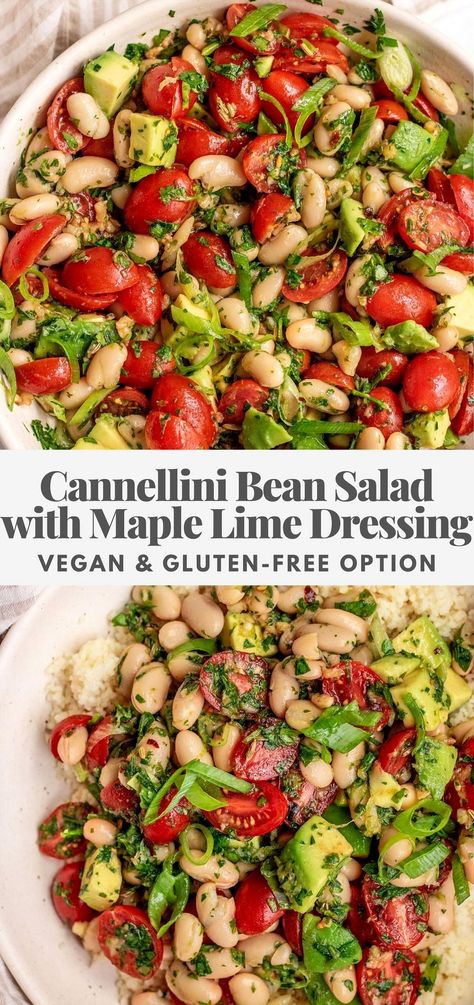 Whip up a quick and satisfying meal with this Cannellini Bean Salad, featuring a delightful maple lime dressing and a mix of sweet and savory cherry tomatoes. Pair it with your preferred grain for a wholesome and hearty dish. Maple Lime Dressing, Chickpea Salad Vegan, Cannellini Bean Salad, Cannellini Bean, Vegetarian Mains, Cabbage Salad Recipes, Quick And Easy Soup, No Cook, Lime Dressing