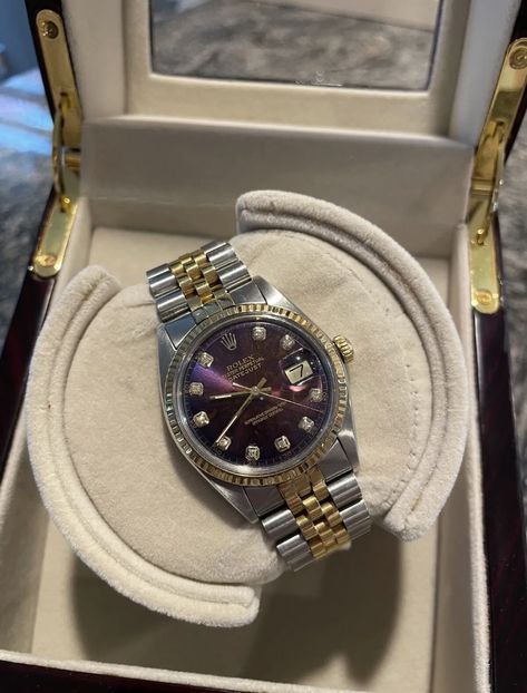 ROLEX MENS DATEJUST 1601 BLUE / PURPLE DIAMOND DIAL 14K GOLD & STAINLESS STEEL 5,900$ OBO Purple Rolex Watches, Rolex Purple, Purple Day, Purple Diamond, Rolex Watch, Rolex Day Date, Silver Man, Rolex Watches, Blue Purple