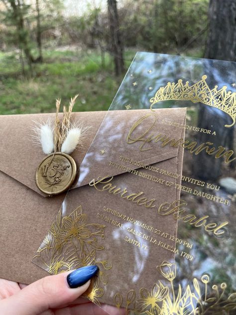 Brown And Gold Wedding Invitations, Brown And Gold Sweet 16, Quince Invitations Gold, Enchanted Forest Invitations Quinceanera, 15 Invitations Ideas, Elegant Quinceanera Themes, Invitations For Quinceanera, Quince Invitations Quinceanera, Quinceanera Invitations Ideas