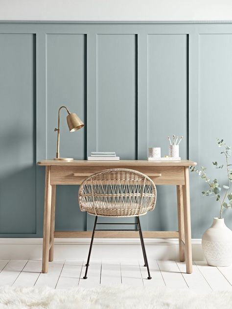 Study Panelling, Bun Maska, Kitchen Moodboard, Living Room Panelling, Swedish Blue, Dado Rail, Plain Curtains, Hall Closet, Accessory Ideas