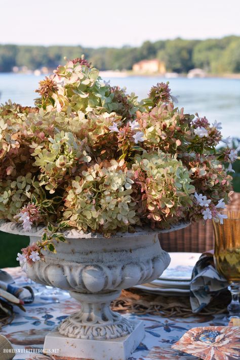 Dried Hydrangeas Centerpiece, Dry Hydrangea Arrangements, Hydrangea Planters, Limelight Hydrangeas, Hydrangea Flower Arrangements, Fall Container Gardens, Fall Hydrangea, Limelight Hydrangea, Hydrangea Centerpiece