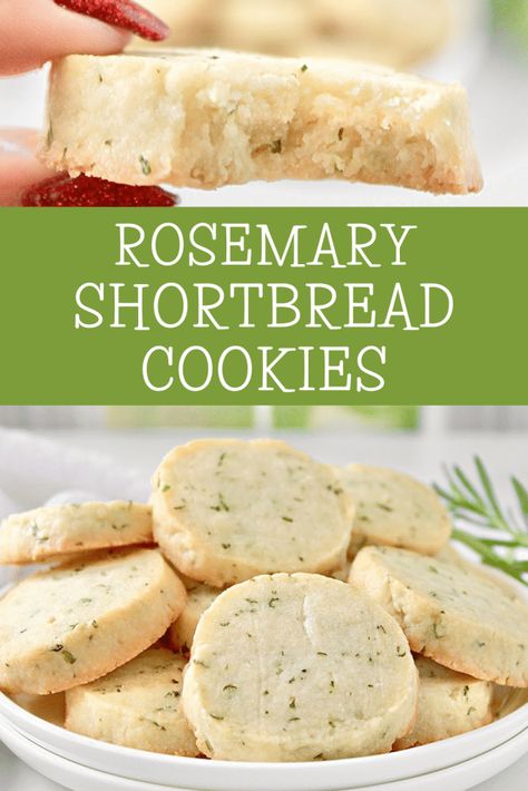 Rosemary Cookies ~ Deliciously buttery shortbread cookies studded with fresh rosemary. Easy to make perfect as a savory treat with hot tea! Shortbread Cookies In A Pan, Rosemary Honey Shortbread, Rosemary Butter Cookies, Lemon Thyme Rosemary Cupcakes, Desserts With Rosemary, Lemon Rosemary Shortbread, Rosemary Shortbread Cookies Recipe, Shortbread Decorating Ideas, Herb Shortbread Cookies