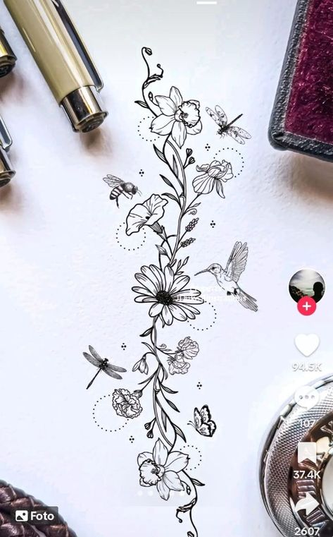 Whimsical Floral Tattoo, Floral Side Tattoos Women, Side Tattoos Women, Tattoos Women, Tattoo Style Drawings, Side Tattoos, Tattoo Inspo, Tattoo Style, Tattoos For Women