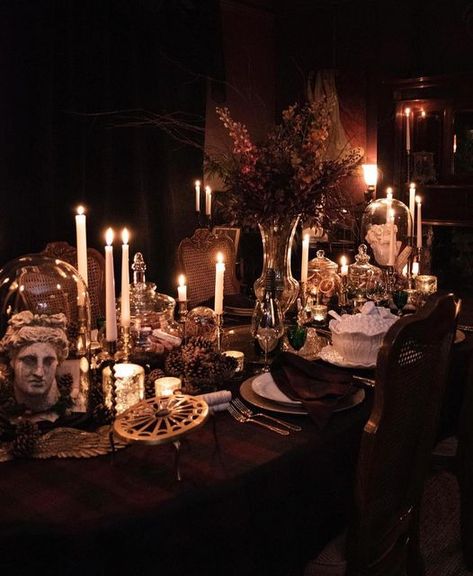 Blackwood Castle Clothing on Instagram: "@houseofbizarium’s dining room is an absolute feast for the eyes… we are obsessed with their decor! 😍🩸 . . . #BWC #blackwoodcastle #sustainableclothing #sustainablefashion #victorianfashion #witchyaesthetic #gothicfashion #gothicstyle #gothicoutfit #witchythings #alternativecurves #witchyfashion #crimsonpeak #plussizefashion #veganclothing #victorianstyle #veganfashion #darkromanticism #darkacademia #slowfashion" Victorian Table Setting, Gothic Dining Room, Gothic Dinner, Gothic Table, Entertaining Tablescapes, Dining Room Victorian, Victorian Table, Dark Christmas, Dark Interiors