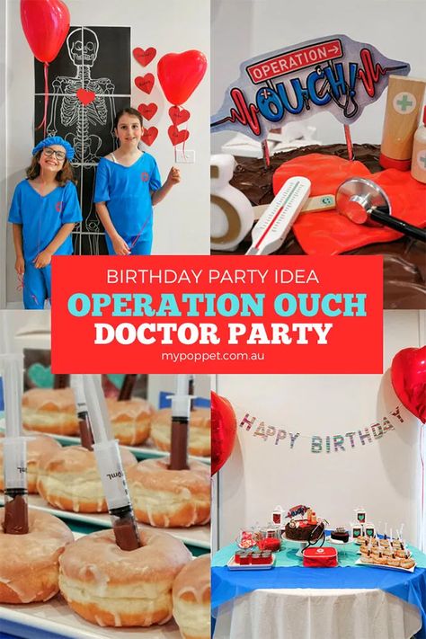 Operation Ouch Birthday - Doctor Themed Party | My Poppet Living Doctor Birthday Cake, Medical School Graduation Party Ideas, Doctor Graduation Party, Medical Themed Parties, Gender Neutral Party Themes, Medical Party, Doctor Party, Doctor Birthday, Nurse Party