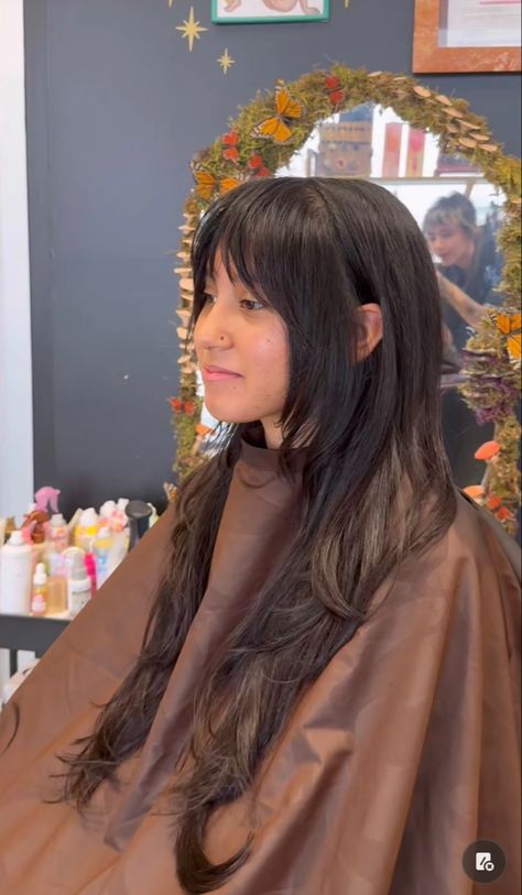 Queer Haircut Long Hair, Long Hair With Soft Bangs, Long Queer Haircuts, Razor Bangs, Queer Haircuts Long, Soft Shag Haircut Long, Razor Cut Bangs, Soft Shag Haircut, Queer Haircut