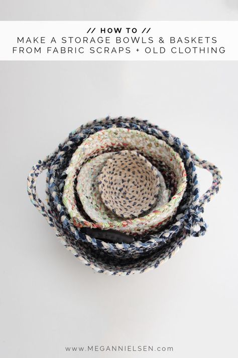 How to make beautiful storage bowls and baskets from your fabric scraps and worn out old clothing // Megan Nielsen Design Diary Crochet Basket Diy, Coiled Fabric Basket, Coiled Baskets, Fabric Bowls, Small Sewing, Quilt Projects, Diy Basket, Diy Tote Bag, Fabric Baskets