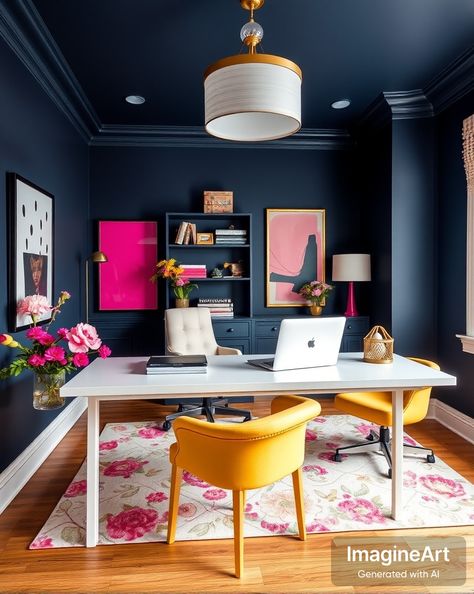 Office Color Paint, Office Spaces Interior Design, Small Colorful Office, Bright Colorful Office, Bold Home Office, Yellow Home Office, Professional Office, Gray Office, Color Drenched Office