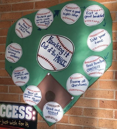 Baseball Pep Rally Ideas, Baseball Hallway Decorations, Baseball Testing Theme, Baseball Themed Bulletin Boards, Baseball Classroom Door, Baseball Bulletin Board Ideas, Staar Posters, Testing Bulletin Board Ideas, Baseball Bulletin Board