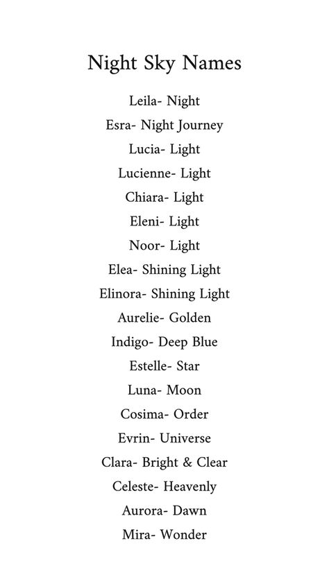 Night sky names for girls Nicknames Related To Moon, Unique Women Names, Light Names Ideas, Names Related To The Moon, Names That Means Star, Moon Related Username, Last Names Meaning Moon, Unique Nicknames With Meaning, Luna Username Ideas