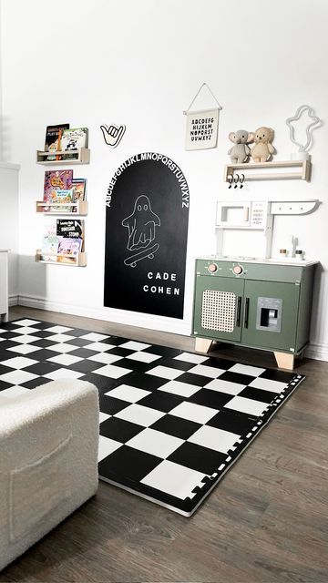 cherrypick 〰️ kids room decor & more on Instagram: "COOL KID ROOM ALERT 🚨 Love how our Magic Playwall makes a statement in this awesome playroom! The midnight colorway is bold and classic— and the perfect base for our new chalk crayons too!  📷: @ellefair_" Dark Moody Playroom, Stage In Playroom, Kids Room Play Area, Playroom Theme Ideas, Monochrome Playroom, Black Playroom, Black And White Playroom, Awesome Playroom, Boy Playroom Ideas