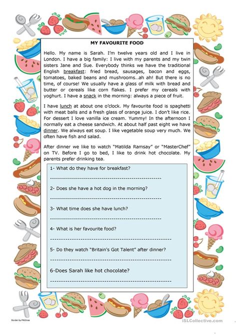 My Favourite Food - English ESL Worksheets for distance learning and physical classrooms Paragraph Worksheets, Esl Reading, Comprehension Exercises, My Favorite Food, Food Vocabulary, English Language Teaching, Comprehension Passage, English Lessons For Kids, English Activities