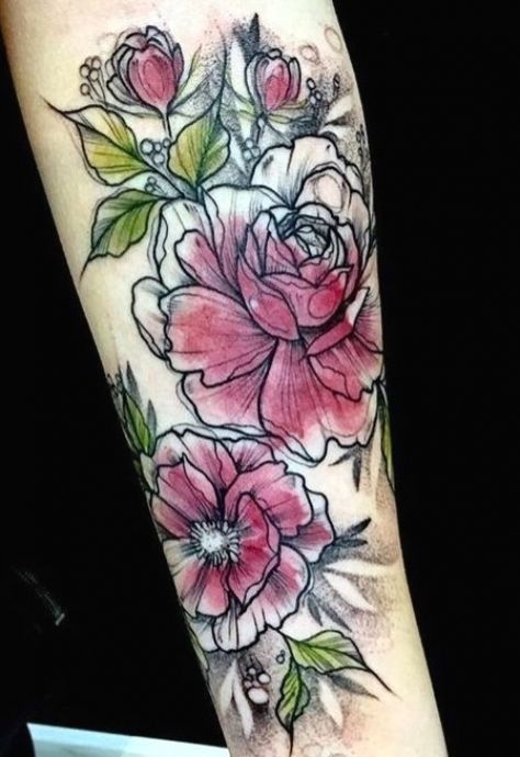 Black Watercolor Flower Tattoo, Black And Watercolor Tattoo, Black And White To Color Tattoo, Watercolor Tattoo With Black Outline, Watercolor Sketch Tattoo, Peonies Tattoo Meaning, Sketch Style Flower Tattoo, Black And White Tattoos With Some Color, Black And White With Color Tattoo