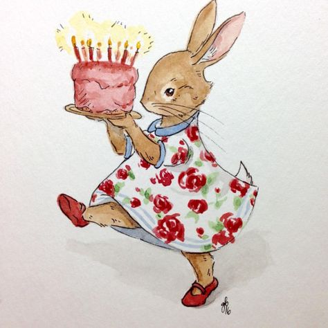 Happy Birthday Drawings, Happy Birthday Illustration, Rabbit Birthday, Bunny Watercolor, Happy Birthday Vintage, Painting Birthday, Birthday Cute, Birthday Card Drawing, Animal Illustration Art