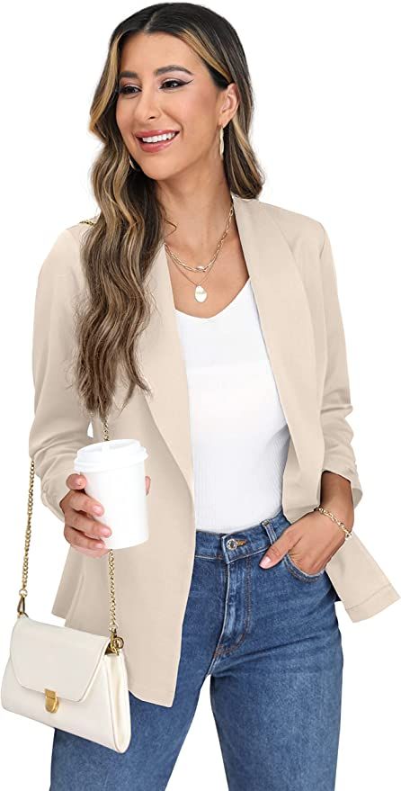 Beige Blazer with 3/4 length sleeves. Avilble in more colours! Long Blazer Outfit Casual, Beige Blazer Outfits Women Work, Blazer Beige Outfit Mujer, Beige Suits Women, Outfit Marzo, Cream Blazer Outfits For Women, Beige Blazer Outfits Women, Long Blazer Outfit, Cream Blazer Outfit