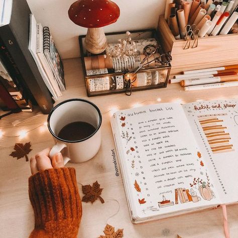 Autumn Desk Aesthetic, Journaling Desk Aesthetic, Fall Planner Aesthetic, Bucket List Illustration, Cozy Journal Aesthetic, Fall Desk Setup, Autumn Journaling Aesthetic, Fall Desk Aesthetic, Writing In A Cafe