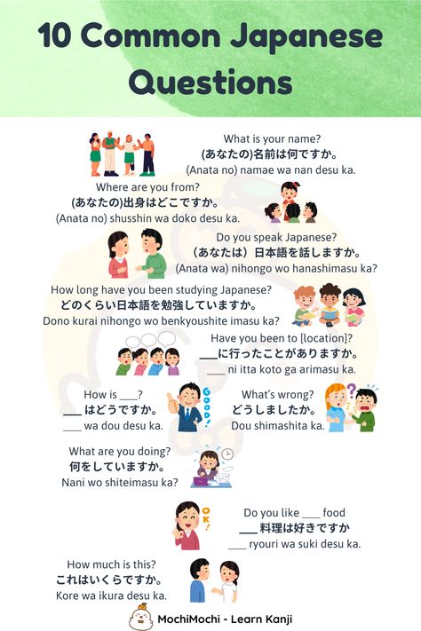 Ever wonder how to ask questions in Japanese? Practice these essential phrases!  Learn more Japanese phrases here: https://mochidemy.com/support/how-are-you-in-japanese/   #CommonQuestionsInJapanese #LearnJapanese #LearnKanji #MochiKanji #MochiKana Japanese Conversation Phrases, Questions In Japanese, Japanese Questions, Basic Japanese Phrases, Speaking Japanese, Learn Japanese Beginner, Japanese Conversation, Learn Basic Japanese, Japan Language