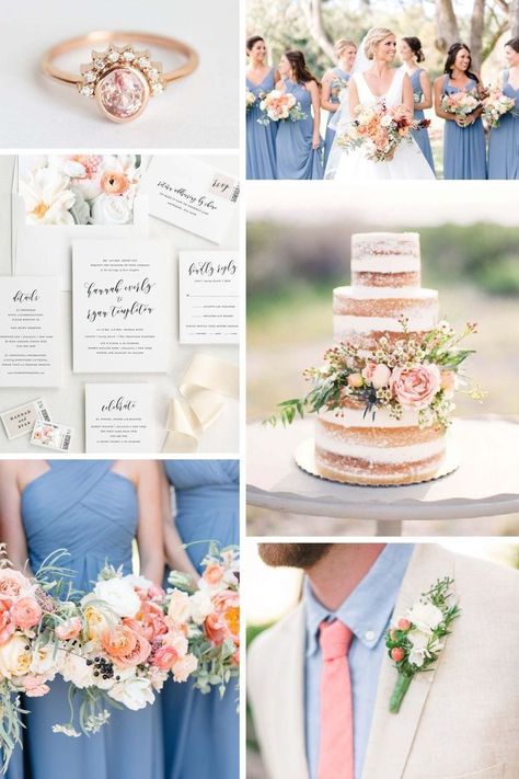 Bright shades of pink bring a sweet southern feel to this peach and  dusty blue wedding inspiration! A naked floral cake, rose gold ring, and  gorgeous wedding bouquets set the tone for this trendy, yet elegant  inspiration. Elegant Invitation Design, Gorgeous Wedding Bouquet, Blue Wedding Inspiration, Dusty Blue Weddings, Wedding Theme Colors, Peach Wedding, Wedding Color Schemes, Floral Wedding Invitations, Wedding Themes