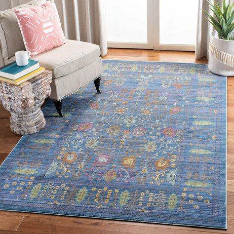 A striated worn patina mimics a lavish vintage piece ** To view further for this item, visit the image link. (As an Amazon Associate I earn from qualifying purchases) Area Rug Blue, Persian Motifs, Chic Rug, Vintage Floor, Rug Direct, Polyester Rugs, Accent Rug, Rug Blue, Overdyed Rugs