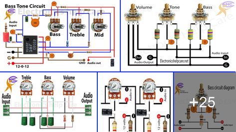 Bass tone circuit collection Amplifier Circuit Diagram, Diy Amplifier, Circuit Projects, Circuit Diagram, Equalizer, Circuit Board, Bass Guitar, Circuit, Bass