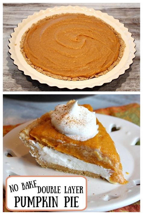 No Bake Double Layer Pumpkin Pie recipe from RecipeGirl.coom #nobake #double #layer #pumpkin #pie #recipe #RecipeGirl No Bake Pumpkin Pie Recipe, Double Layer Pumpkin Pie, Double Layer Pumpkin Cheesecake, Fall Pies Recipes, Bake Sweets, No Bake Pumpkin, Viral Recipes, Pumpkin Delight, No Bake Pumpkin Pie