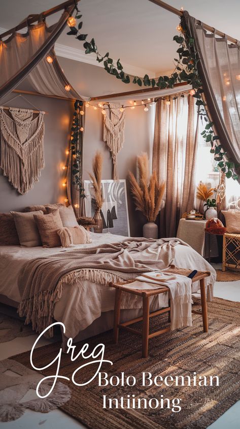 Bohemian bedroom with grey walls, textured throws and pillows, macrame wall hangings, trailing plants, fairy lights, vintage furniture, woven rug, framed art, and morning light. Pink And Grey Boho Bedroom, Boho Simple Bedroom, Grey Boho Bedroom, Boho Theme Decor, Boho Modern Bedroom, Boho Bedroom Ideas Bohemian Cozy, Rustic Boho Bedroom, Relaxing Bedroom Ideas, Moroccan Decor Bedroom