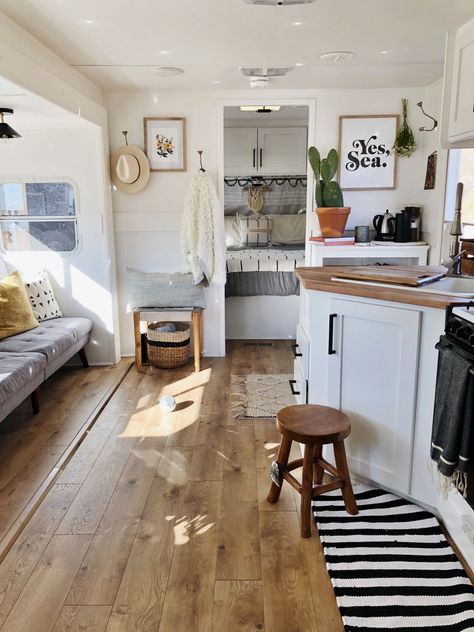 House Tour: A Family of 5 in a 180-Square-Foot RV | Apartment Therapy Bed Chairs, Paint Rv, Elevated Gardening, Rustic Patio, Swiss Coffee, Caravan Renovation, Rv Kitchen, Apartment Goals, Rv Makeover