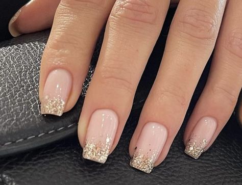 Gold Glitter French Tip Nails, Fake Nails French Tip, Nude Press On Nails, Nails Medium Square, Glitter Gradient Nails, Nails With Design, Nails With Gold, Nails French Tip, Glitter French Tips