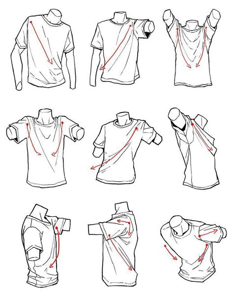 Oversized T Shirt Reference Drawing, Folds Reference Clothing, Manga Clothes Drawing, Drawing Men Clothes, Oversized Shirt Drawing, Torn Clothes Drawing Reference, T Shirt Drawing Reference, Shirt Wrinkles Reference, Manga Clothes Reference