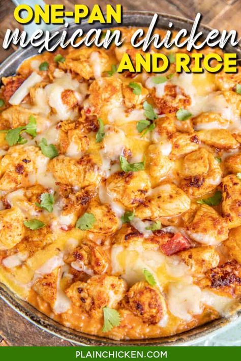 Spanish Rice Dishes With Chicken, One Pot Mexican Rice Casserole Chicken, Chicken With Spanish Rice Recipes, One Pan Mexican Chicken And Rice, Quick Mexican Chicken Recipes, Cheesy Chicken Mexican Rice, Queso Chicken And Rice Casserole, Cheesy Mexican Rice Casserole, Mexican Chicken Rice Casserole Recipes