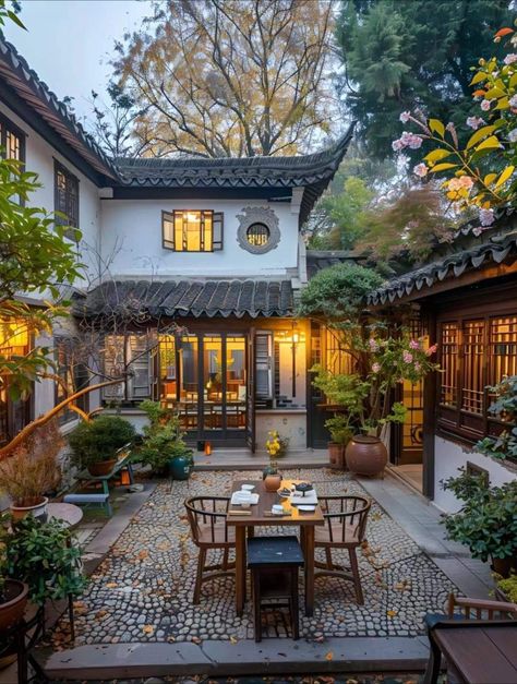 Korean Courtyard House, Asian Colonial Interior Design, Japanese Tea House Design, Asian House Aesthetic, Home With Courtyard In The Middle, Traditional Japanese Home Exterior, Vietnamese Home Decor, Chinese House Exterior, Korean Home Exterior