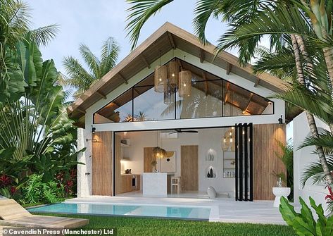 Resort Ideas Design, Container Beach House, Vacation House Design, Tiny House Architecture, Tiny Pool House, Small Concrete House, Bungalow Beach House, Small Beach House, Small Beach Houses