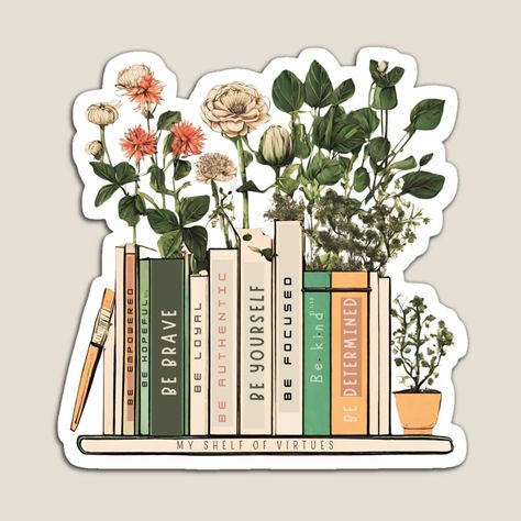 Get my art printed on awesome products. Support me at Redbubble #RBandME: https://www.redbubble.com/i/magnet/My-Shelf-of-Virtues-by-Noemill/160258137.TBCTK?asc=u Stickers Book Aesthetic, Book Lover Stickers, 2025 Sticker, Stickers Books, Books Stickers, Paper Toy, Sticker Template, Decorate Notebook, Letter A Crafts