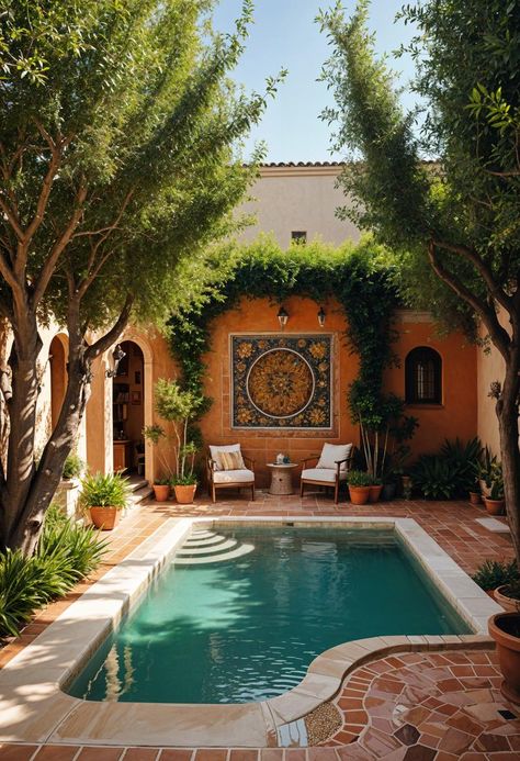 21 Stunning Small Pool Design Ideas for Tiny backyards 19 Spanish Revival Pool, Mexican Style Pool, Small Pool Ideas On A Budget, Spanish Style Pool, Bohemian Pool, Victorian Backyard, Mini Pool Ideas, Pool Area Ideas, Small Pool Design Ideas