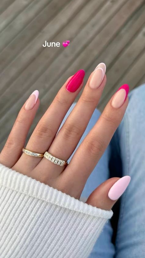 Cute Nail Designs For Summer 2024, June Nail Inspo 2024, Cool Nail Inspo 2024 Summer, Unusual Nail Designs, Summer Nails Pink, Acrylic Nails Almond Shape, Simple Gel Nails, Summery Nails, French Acrylic Nails