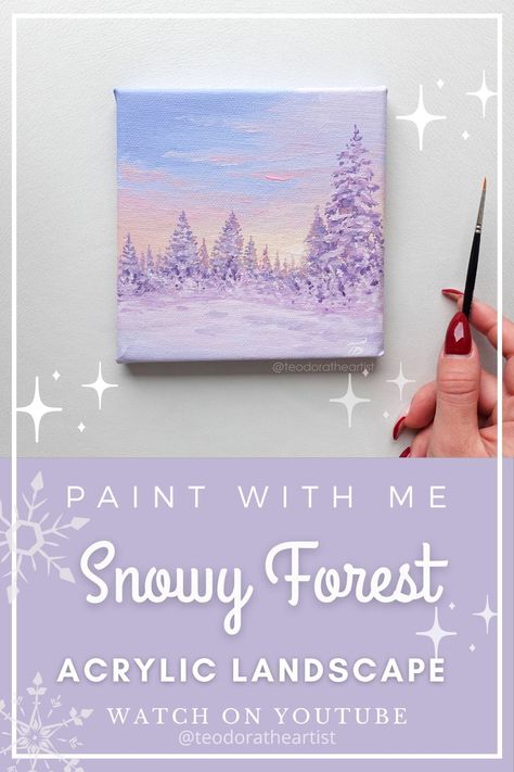 Painting Ideas Mini Canvas, Acrylic Painting Winter, Forest Acrylic Painting, Christmas Painting Ideas, Mini Toile, Paint With Me, Winter Landscape Painting, Acrylic Landscape, Painting Snow